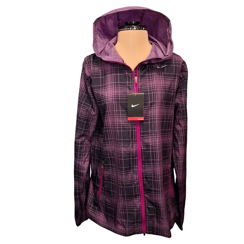 Nike Womens Running Windbreaker Jacket Purple Plaid Full Zip Hooded 446322-547 L